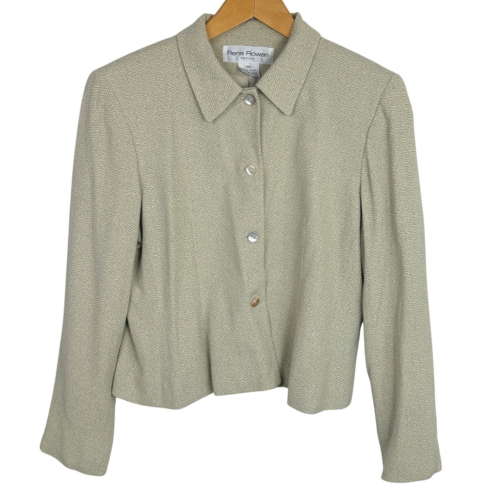 Rena Rowan Petite Sage‎ Green Beige Herringbone Blazer Jacket Size 12P